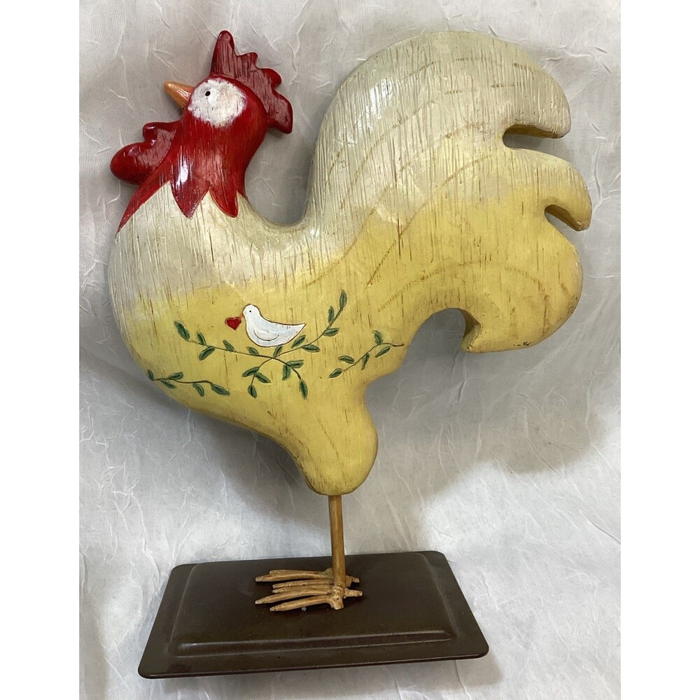 Rooster Folk Art 7" Carved Russ Berrie Farmhouse Hand Painted Metal Feet & Base